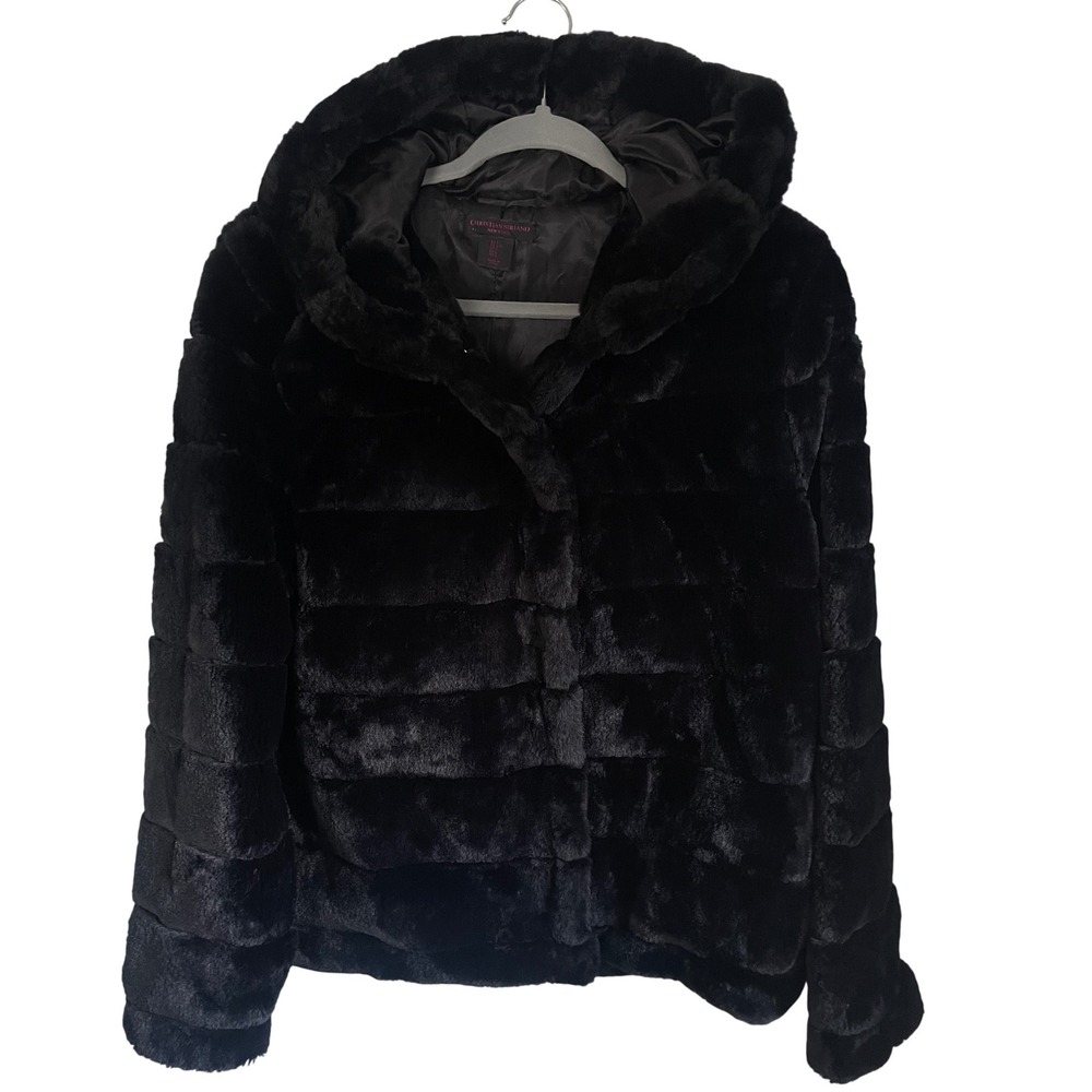 Women's Christian Siriano New York Black Faux Fur Teddy Jacket Coat with Hood L